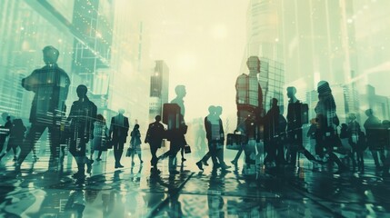Network and internet communication concept. Silhouettes of business people in abstract city with double exposure of blurry network interface