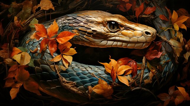 There is a snake that is curled up in the leaves