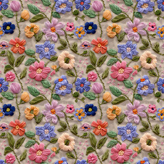 Floral embroidery from knitting wool, yarn, seamless pattern.