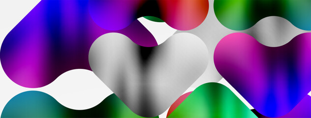 A vibrant pattern of colorful hearts in shades of purple, magenta, and pink, floating on a white background. The art showcases symmetry, petal shapes, and closeup details in a circular arrangement