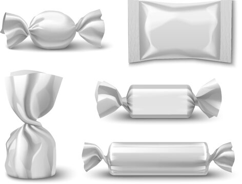 3d sweet chocolate candy wrapper package mockup. Blank white realistic twist pack wrap for bar, bonbon, biscuit or caramel confectionery merchandise design set. Foil paper sugar snack bag illustration
