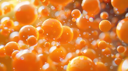 Bubbles of water on a yellow background ,Abstract background of orange and yellow balls , natural red caviar as background, texture of expensive luxury fresh orange caviar macro photo