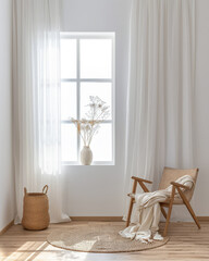 Minimalist interiors design composition with natural lighting coming from a window.