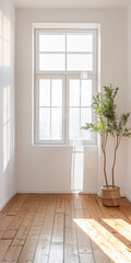 Fototapeta premium Minimalist interiors design composition with natural lighting coming from a window.