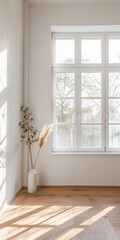 Fototapeta premium Minimalist interiors design composition with natural lighting coming from a window.