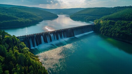 A hydroelectric dam generating renewable energy, Water flowing through turbines