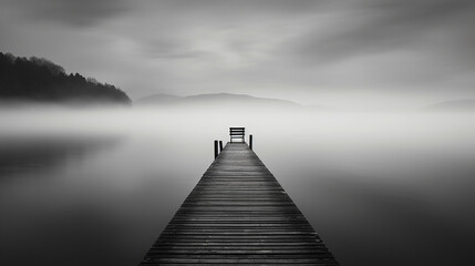 silent morning on the pier with lonely bench