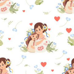 Seamless pattern with Ukrainian woman mother with daughter in traditional clothes embroidered shirt on white background with flowers. Vector illustration. Cultural national character