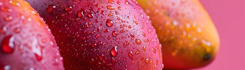Design a vibrant and juicy close-up shot of a ripe mango, showcasing its succulent texture and...