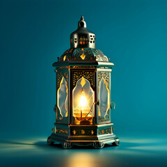 Arabic lantern for Ramadan on left side isolated on turquoise background illuminate, beautiful burning Arabic lantern on wooden table, Ramadan background with, generate ai