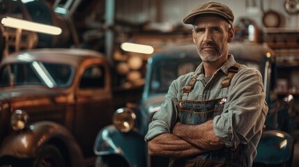 The picture of the adult mechanic looking at the camera with the vintage car in the automobile workshop that use for checking and repairing the various vehicle that need to use the experience. AIG43. - Powered by Adobe
