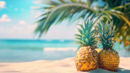 summer time holiday background, tropical beach island happy day bright sunshine, tropical fruits. Creative minimal summer idea