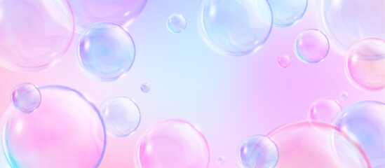 Pastel pink and blue abstract background with soft soap balls. Realistic vector illustration of horizontal bg with rainbow shampoo and wash foam sphere. Banner with flying soapy glossy water sphere.