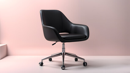 A black leather office chair sits on a white floor