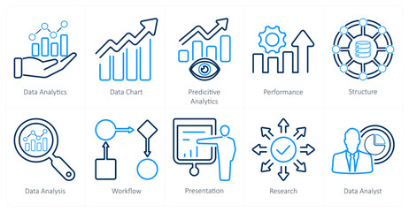 A set of 10 data analytics icons as data analytics, data chart, predictive analytics