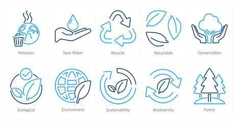 A set of 10 ecology icons as pollution, save water, recycle
