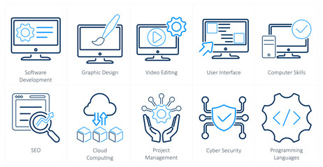 A set of 10 hard skills icons as software development, graphic design, video editing