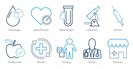 A set of 10 health checkup icons as blood sugar, blood pressure, blood sample