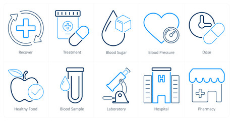 A set of 10 health checkup icons as recover, treatment, blood sugar