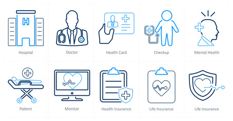 A set of 10 health checkup icons as hospital, doctor, health card
