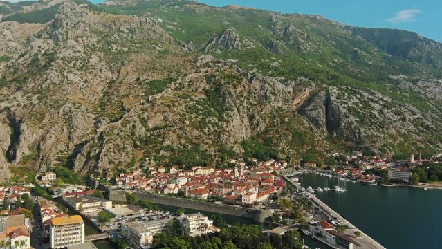Aerial view of Kotor old city in Bay of Kotor, Boka Kotorska, Montenegro, 4k