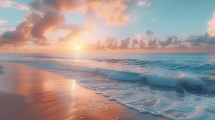 A tranquil beach scene at sunrise, soft pastel colors in the sky, designed with copy space on the left for YouTube thumbnails.