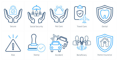 A set of 10 insurance icons as secure, social security, pet care