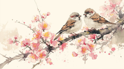 sparrow birds on a branch with flowers - Powered by Adobe