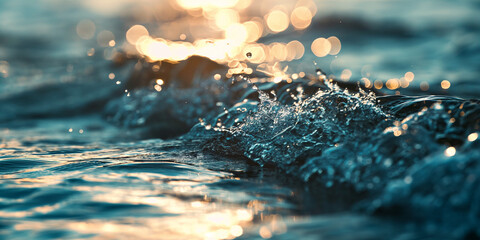 A close-up shot captures a wave crashing onto the shoreline during the golden hour. - Powered by Adobe