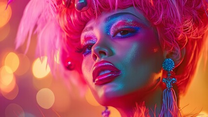 an exquisite drag queen appearing on a stage with dramatic lighting and vibrant backdrops while wearing colourful wigs and makeup