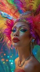 Naklejka premium an exquisite drag queen appearing on a stage with dramatic lighting and vibrant backdrops while wearing colourful wigs and makeup