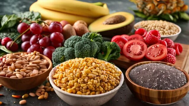 Group of food with high content of dietary fiber arranged side by side on the table