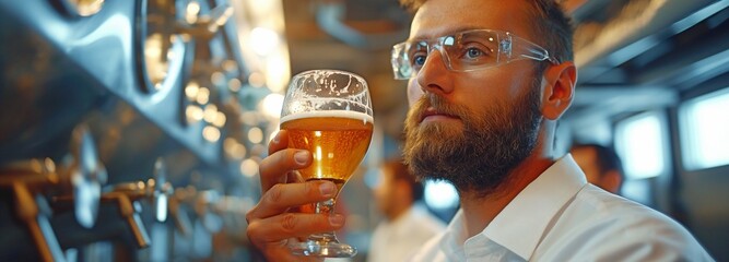 Brewer sommeliers sample craft beer from the brewery factory and assess its colour and quality.