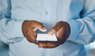 Man, hands and typing with phone for social media, online browsing or news at office. Closeup of...
