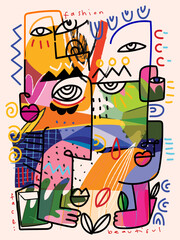 Group of colorful abstract face portrait cubism art style, decorative, line art hand drawn vector illustration. Aesthetic design for wall art, decoration, poster,card and cover.
