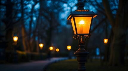 A lantern on a dark street with some trees