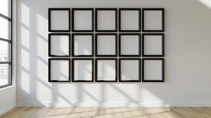 Sophisticated Arrangement: Nine Photorealistic Black Picture Frames on White Wall