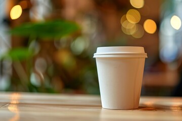 Eco-Friendly Disposable Coffee Cup on Wooden Cafe Table with Blurred Background