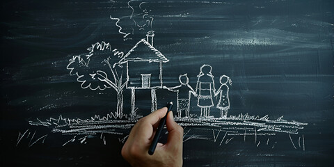 A hand sketches a loving family and home on a blackboard, evoking themes of education, creativity, and domestic bliss