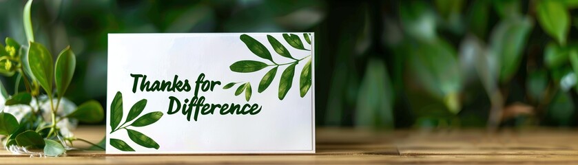 Eco-modern thank you card mockup, A thank you card with the message "Thanks for a Difference" surrounded by fresh green leaves on a wooden surface, conveying gratitude naturally.