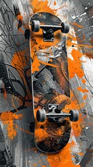 Fototapeta premium Adventure sports teen birthday card mockup, A skateboard juxtaposed on a vibrant orange and gray abstract graffiti background, evoking urban street culture.
