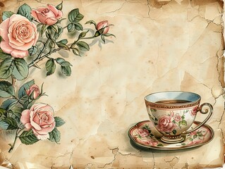 Vintage tea party bridal shower invitation mockup, An exquisite vintage tea cup with rose design presented on a background of antique parchment paper, adorned with illustrated roses.
