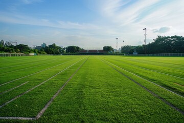 Envision an empty training ground on a windy day, the grass bending and swaying in the breeze, the sound of rustling leaves, Generative AI
