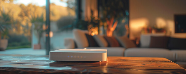 A sleek high-speed router showcased on a wooden table, perfectly complementing the contemporary home interior and its tech-savvy design. - obrazy, fototapety, plakaty