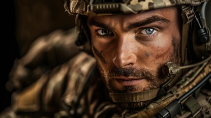 Obraz premium The close up picture of the military officer is working on the operation in the warfare or battlefield, the military require skill like endurance, training, physical strength and combat skill. AIG43.
