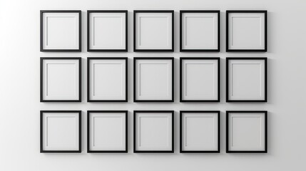 Sophisticated Arrangement: Nine Photorealistic Black Picture Frames on White Wall
