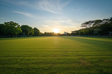 Imagine a deserted training ground at midday, the sun high in the sky, casting long shadows that stretch across the empty field, Generative AI