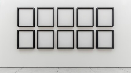 Sophisticated Arrangement: Nine Photorealistic Black Picture Frames on White Wall - obrazy, fototapety, plakaty