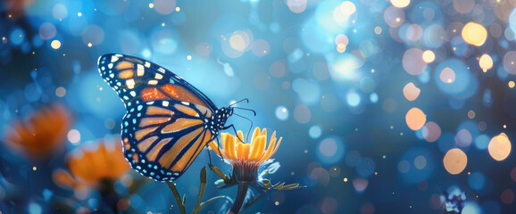A delicate butterfly perched on the center of an oversized white flower, with vibrant blue and yellow hues in the background, creating a dreamy atmosphere.  - Powered by Adobe