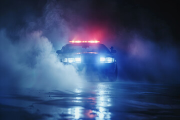 Police cars at night. Police car chasing a car at night with fog background
